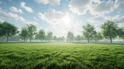 Obraz premium Serene landscape of a lush green field with trees under a bright, sunny sky.