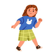 Happy little girl running away. Cute funny child looking back with excited smile during carefree outdoor game, activity. Preschool kid playing. Flat vector illustration isolated on white background