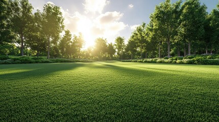 Naklejka premium Lush green grass field at sunset, surrounded by trees casting long shadows.