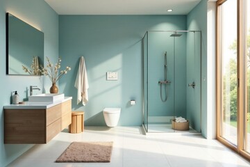 Serene Aqua Bathroom Sanctuary Modern Minimalist Design with Wooden Accents and Natural Light