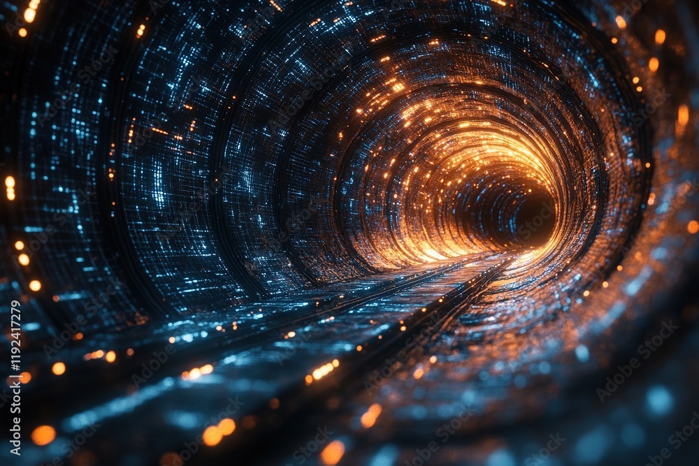 Aufkleber digital data tunnel with glowing lights, fast movement, abstract background