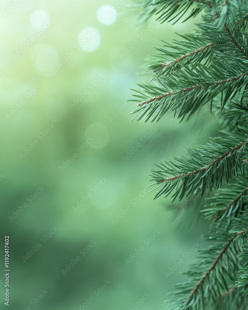 Poster lush evergreen pine branch with soft green bokeh background.