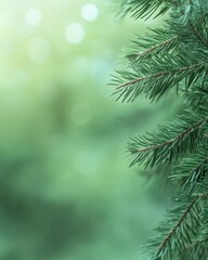 Obraz premium Lush Evergreen Pine Branch with Soft Green Bokeh Background.