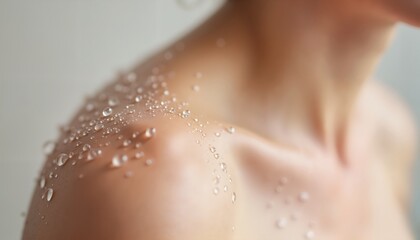 Fototapeta premium Close-up of a woman's shoulder with water droplets; symbolizes freshness and purity
