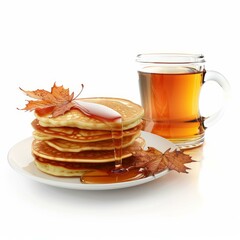Pancakes dripping with maple syrup and decorated with autumn leaves, served with a glass of tea