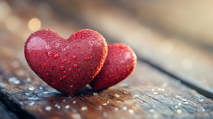 Fototapeta premium Red hearts with droplets resting on wooden surface for Valentine's Day celebration