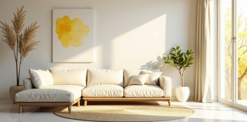 Serene Living Room Interior Design with Neutral Tones and Natural Light Featuring a Modern Sectional Sofa, Pampas Grass, and Abstract Wall Art