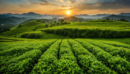 Sunset over tea plantations in cameron highlands, malaysia, showcasing the picturesque rolling hills