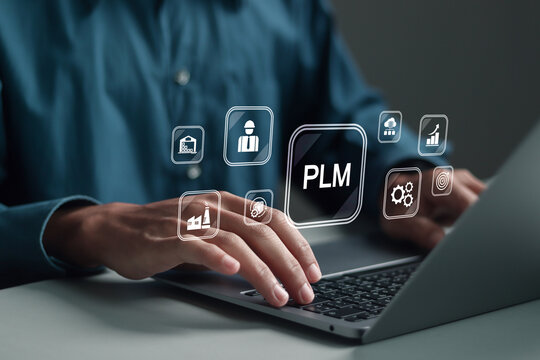 PLM, Product Lifecycle Management concept. Businessman using laptop with PLM icon on virtual screen for manufacturing industry.