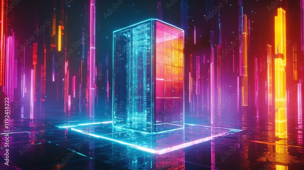 Poster abstract cyberpunk data center with glowing columns and server rack in neon colors.