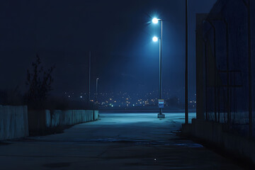 Nightfall Solitude: Empty Parking Lot Under City Lights