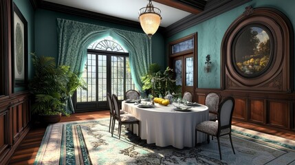 Fototapeta premium Elegant Dining Room with Floral Accents and Natural Light