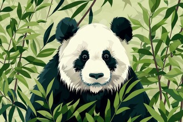 Illustration of a giant panda surrounded by lush green bamboo, conveying tranquility and the beauty of nature