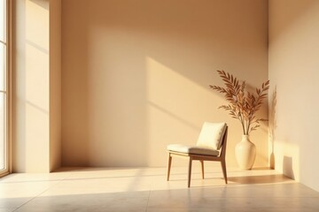 Fototapeta premium Serene Minimalist Room Interior Featuring a Light-Colored Chair and Dried Floral Arrangement in a Corner, Bathed in Warm Sunlight