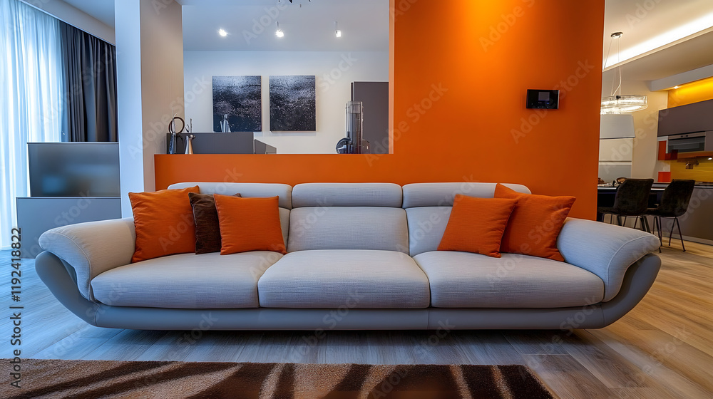 Canvas Prints The sofa is light grey with an orange wall background, the living room is orange, and the entrance is Avangard white. Design of brown parquet and carpet in a contemporary home