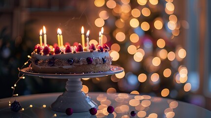 Elegant birthday cake with burning candles on cake stand against festive bokeh lights


