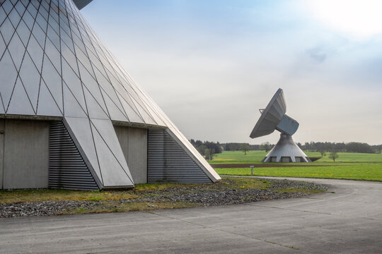 Satellite dish in agricultural field