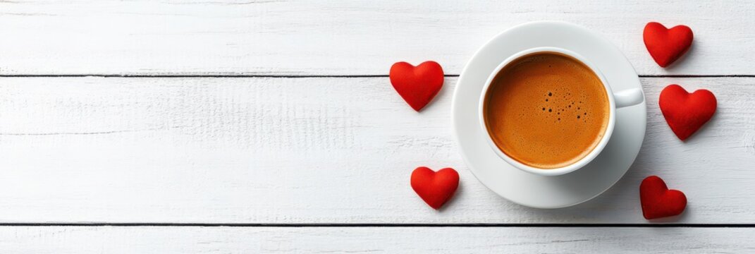 Valentine's day coffee scene with red hearts on wooden table. orizontal banner. Copy space. Flat lay. Top view. Minimalist mock-up, template for coffee shop, bakery, pastry shop
