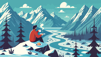 Fototapeta premium A man enjoying a cup of coffee and a plate of bread by the side of a glacier, with views of snowy mountains and dense forests 
