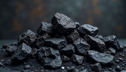 Pile of coal rocks on a dark background, showcasing the texture and composition