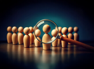 A magnifying glass focuses on a single wooden figure within a row of identical figures, highlighting the concept of selection or individual focus within a group.