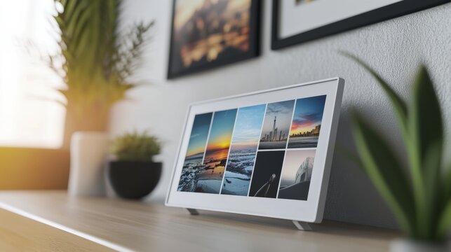 A chic digital photo frame displaying a rotating gallery of images in a minimalist living space, representing modern digital home decor and personalization, Living room scene