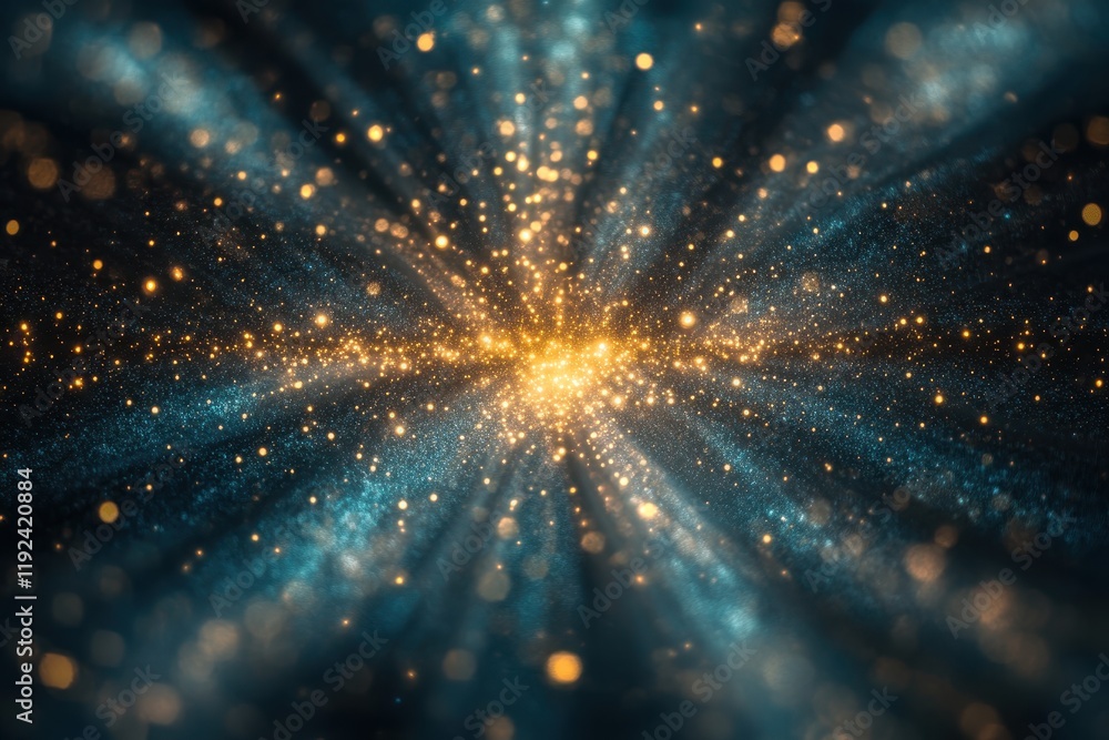 Poster Golden Glitter Particles Exploding in Radial Burst on Deep Blue Textured Background.