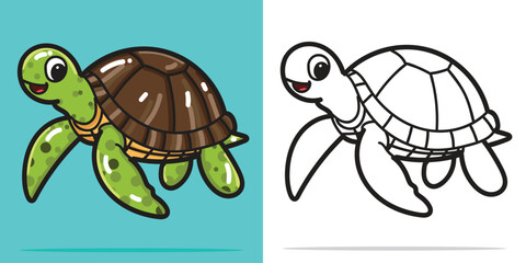 A cute sea turtle illustration in cartoon style for coloring book