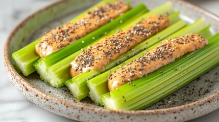 Celery sticks with almond butter and chia seeds on marble