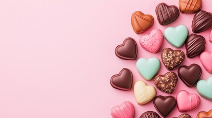 Valentine chocolates concept. Colorful chocolate hearts arranged on a pink background for sweet celebrations.