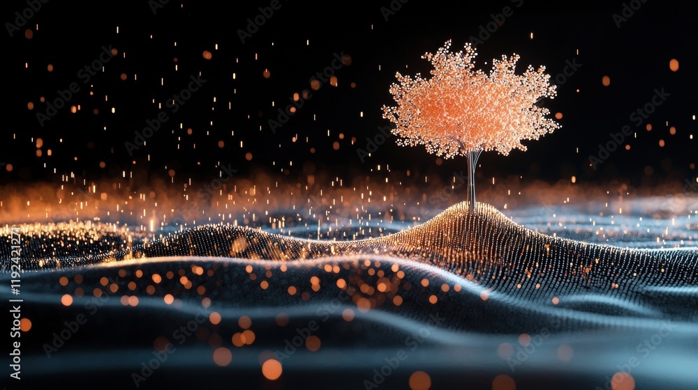 Aufkleber an abstract visualization of data as glowing particles flowing through a digital grid, highlighting 