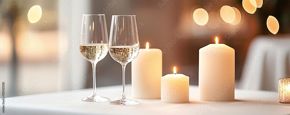 Poster valentine dinner idea. elegant candlelit table setting with wine glasses and soft lighting for roman