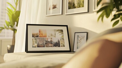 A chic digital photo frame displaying a rotating gallery of images in a minimalist living space, representing modern digital home decor and personalization, Living room scene