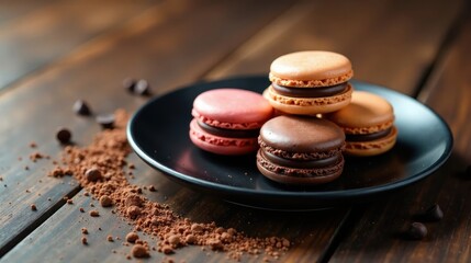 A delectable arrangement of delicate French macarons, featuring assorted chocolate ganache fillings, rests elegantly on a dark plate, accented by a dusting of cocoa powder.