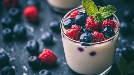 Delicious Creamy Yogurt with Fresh Raspberries and Blueberries