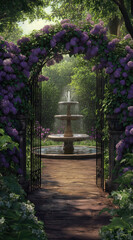 Naklejka premium A Serene Moment Through a Garden Gate Framed by Lilac Bushes in Full Bloom