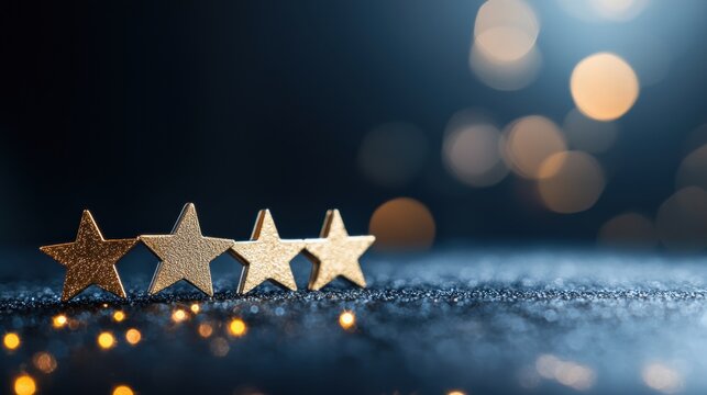 Five glowing gold stars arranged in a row on a dark blue background, signifying exceptional quality and positive customer ratings.