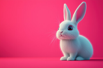 Obraz premium Fluffy white bunny sitting against a bold pink background with a curious gaze. Copy space.
