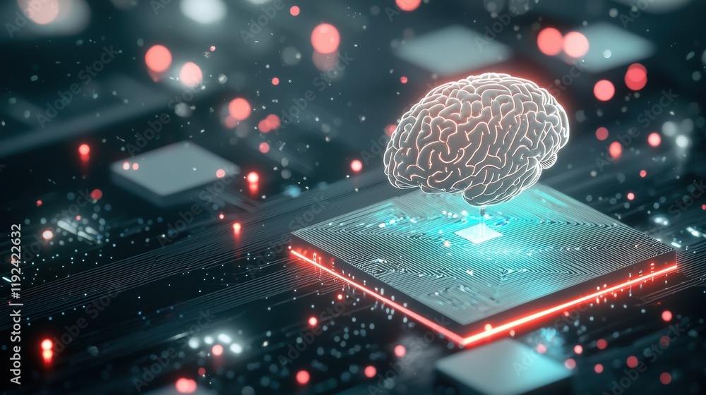 Poster a split view of a human brain and a computer chip, interconnected by glowing lines, symbolizing the 