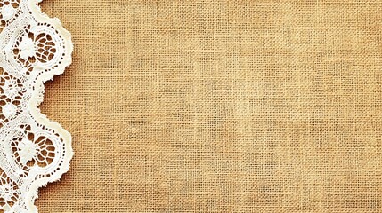 White Lace Border on Burlap Fabric Background