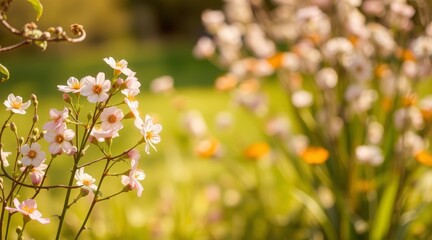 Fototapeta premium Delicate flowers in a sunlit garden create a vibrant, peaceful springtime scene