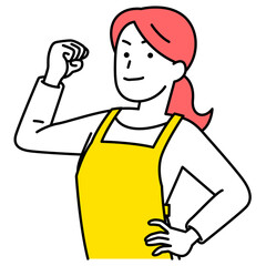 力こぶを作ってみせるエプロン姿の女性