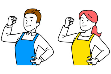 力こぶを作ってみせるエプロン姿の男女　セット