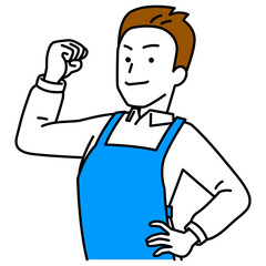 力こぶを作ってみせるエプロン姿の男性