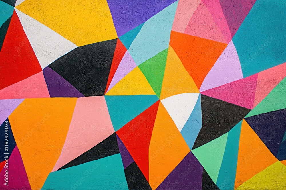 Poster vibrant abstract geometric pattern of colorful triangles and polygon shapes on textured surface.