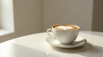 Obraz premium Aromatic Coffee Drink with Heart-Shaped Latte Art Served in Elegant White Cup on a Table in Soft Sunlight