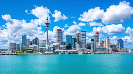 Naklejka premium Vibrant Auckland Skyline with Sky Tower and Blue Waters Beneath