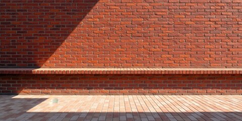 Fototapeta premium Sunlit Brick Wall with Integrated Bench A Study in Architectural Texture and Light and Shadow