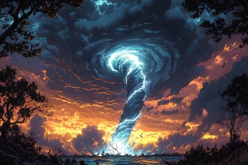 Obraz premium Dramatic Tornado at Sunset Over a Landscape