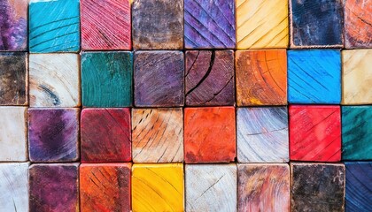 vividly colored textured wooden blocks in a symmetrical pattern for artistic background, interior design, crafts, or banner decor inspiration